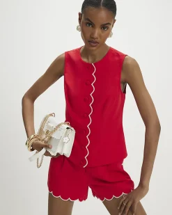 Red Linen Blend Scallop Trim Waistcoat