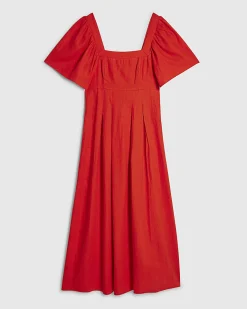Red Linen Blend Shirred Midi Dress