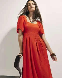 Red Linen Blend Shirred Midi Dress