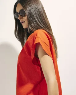 Red Linen Blend Tie Neck Short Sleeve Top