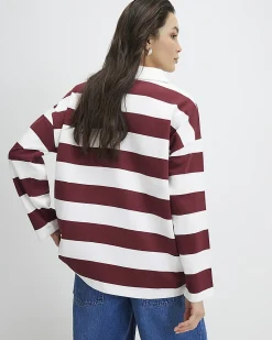 Red Long Sleeve Striped Rugby Top