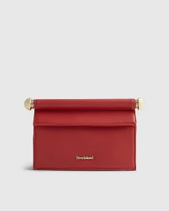 Red Metal Handle Foldover Clutch Bag