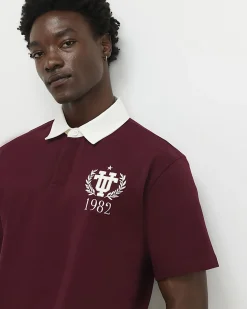 Red Oversized Fit Embroidered Rugby Shirt