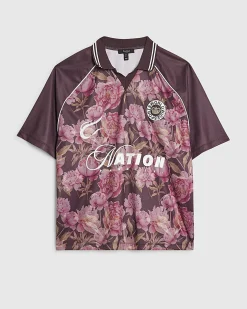 Red Oversized Fit Floral Mesh Rugby Shirt