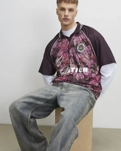 Red Oversized Fit Floral Mesh Rugby Shirt