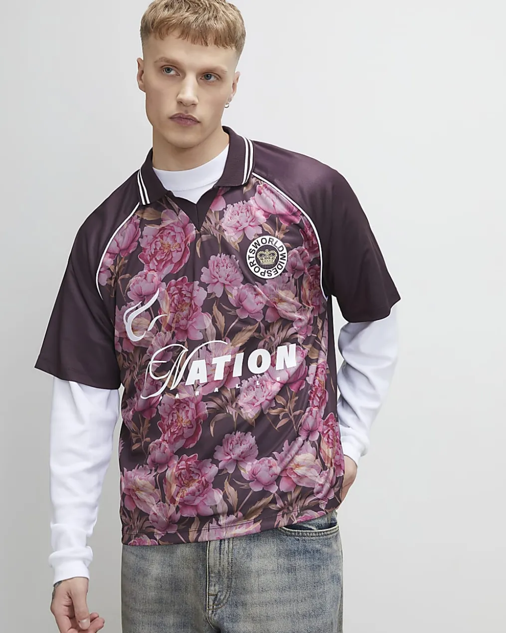 Red Oversized Fit Floral Mesh Rugby Shirt