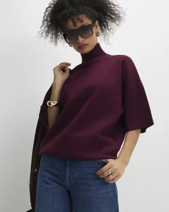 Red Oversized Knitted High Neck Top