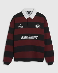 Red Oversized Striped Long Sleeve Rugby Shirt