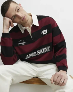 Red Oversized Striped Long Sleeve Rugby Shirt