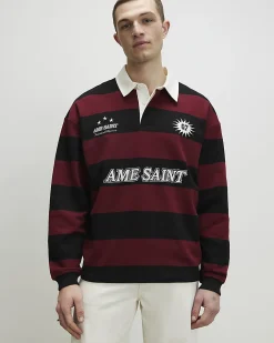 Red Oversized Striped Long Sleeve Rugby Shirt