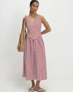 Red Petite V Neck Stripe Midi Dress