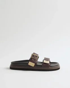 Red Quilted Double Strap Footbed Sandals