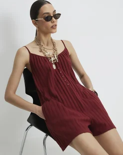 Red Ribbed Button Through Playsuit