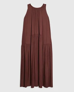 Red Satin Sleeveless Halter Neck Midi Dress