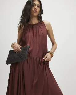 Red Satin Sleeveless Halter Neck Midi Dress