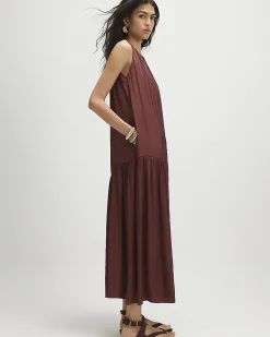 Red Satin Sleeveless Halter Neck Midi Dress