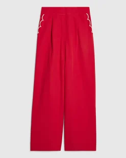 Red Scallop Linen Blend Wide Leg Trousers