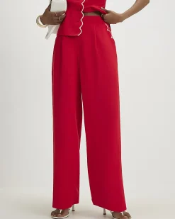 Red Scallop Linen Blend Wide Leg Trousers
