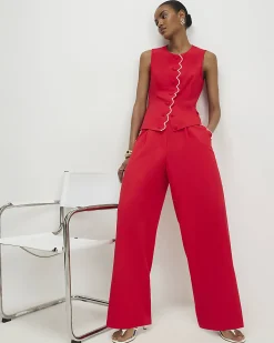 Red Scallop Linen Blend Wide Leg Trousers