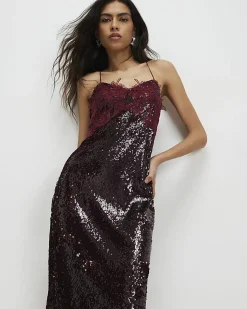 Red Sequin Lace Cami Midi Dress