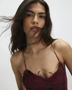 Red Sequin Lace Cami Midi Dress