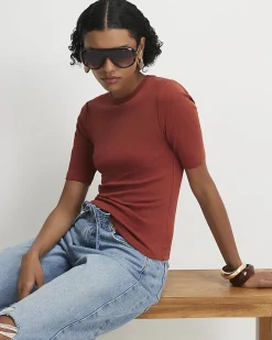 Red Short Sleeve Cotton Fitted Top