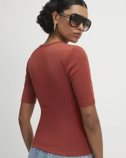 Red Short Sleeve Cotton Fitted Top