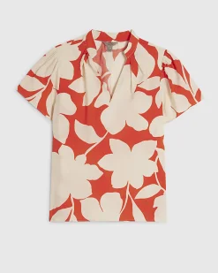 Red Short Sleeve Floral Print Blouse