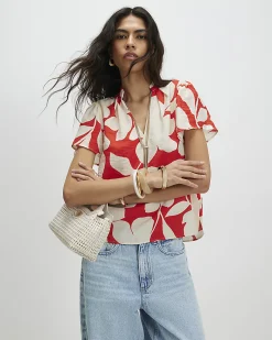 Red Short Sleeve Floral Print Blouse