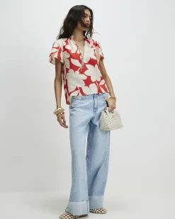 Red Short Sleeve Floral Print Blouse
