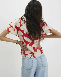 Red Short Sleeve Floral Print Blouse