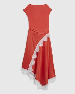 Red Short Sleeve Lace Hybrid Midi Dress