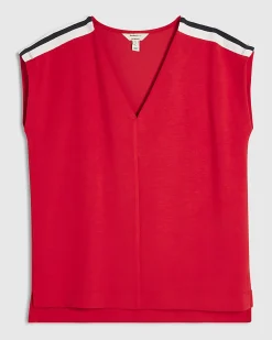Red Short Sleeve Tape Detail V Neck Top