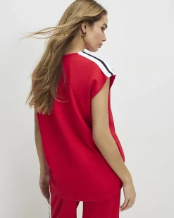 Red Short Sleeve Tape Detail V Neck Top