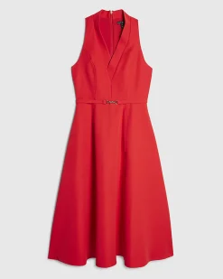 Red Sleeveless Belted Midi Dress