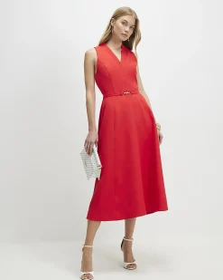 Red Sleeveless Belted Midi Dress