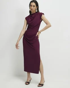 Red Sleeveless Ruched Midi Dress