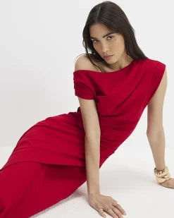 Red Stretch Draped Midi Dress