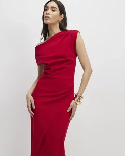 Red Stretch Draped Midi Dress