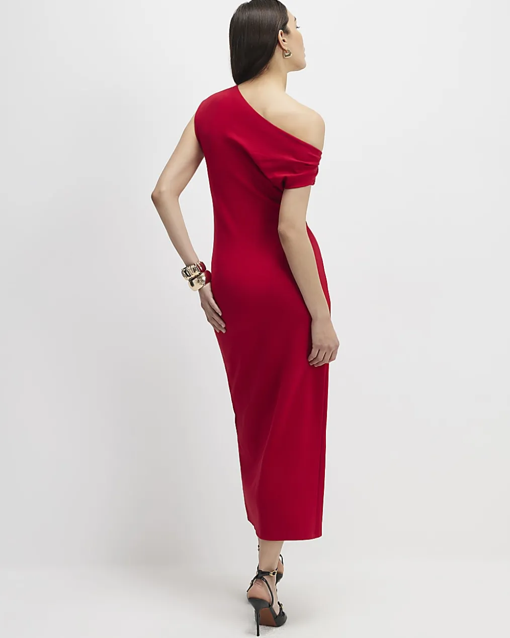 Red Stretch Draped Midi Dress