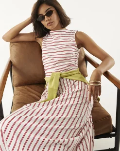 Red Striped Bubble Hem Midi Dress
