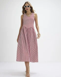 Red V Neck Stripe Midi Dress