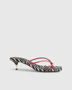 Red Zebra Skinny Strap Toe Thong Heels