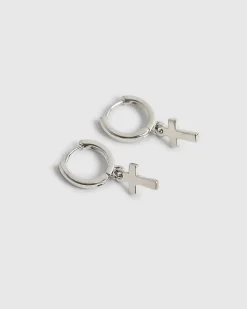 Silver Cross Drop Hoop Earrings