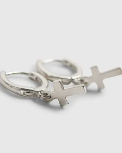Silver Cross Drop Hoop Earrings