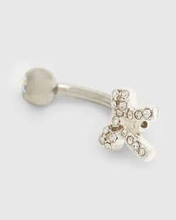 Silver diamante bow belly bar