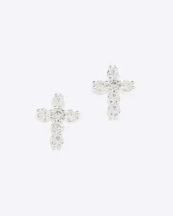 Silver Diamond Simulant Cross Stud Earrings