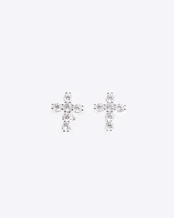 Silver Diamond Simulant Cross Stud Earrings