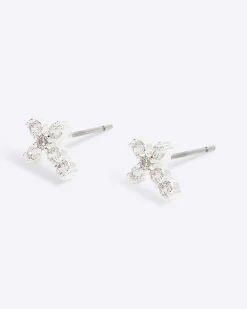 Silver Diamond Simulant Cross Stud Earrings