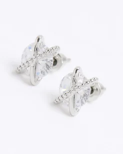 Silver Diamond Simulant Cross Stud Earrings